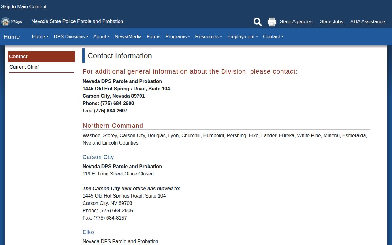 Nevada Parole and Probation directory showing Esmeralda in Northern Command and Tonopah closed