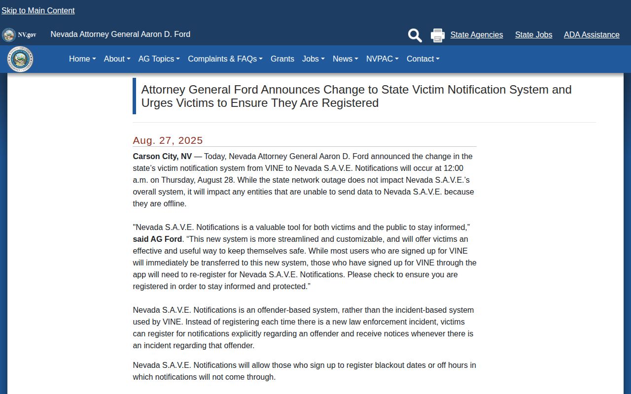 Nevada Attorney General notice that SAVE replaced VINE